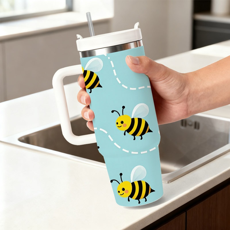 Sublimation Mug White - 遊び心のある漫画のミツバチと白い花柄の40オンスステンレス製断熱タンブラー（ストロー付き）、二重壁昇華トラベルマグ、飲み物を18時間保温、36時間保冷、日常使いや屋外通勤に最適なホリデー誕生日ギフト