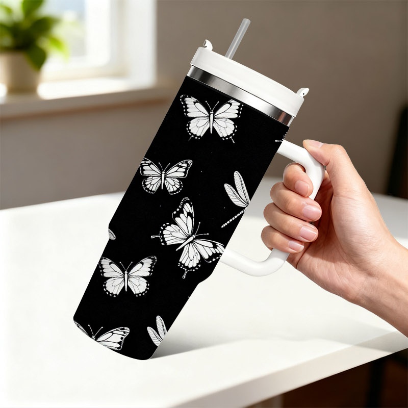 Sublimation Mug White - 40オンス ステンレス製二重壁断熱タンブラー（ハンドルとストロー付き）、黒地に白い蝶とトンボの昇華プリント入りトラベルマグ、飲み物を18時間保温、36時間保冷、友人や家族への理想的なホリデーや誕生日プレゼント