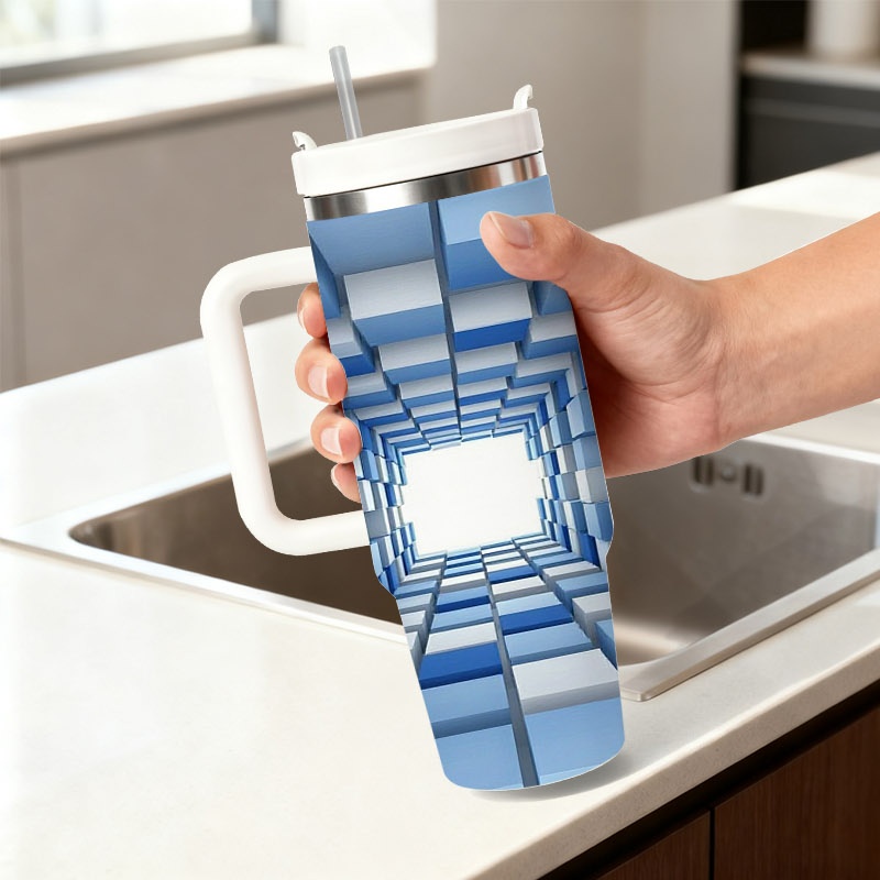 Sublimation Mug White - 40オンス ステンレス製二重壁断熱タンブラー、ハンドルとストロー付き、3D青白幾何学キューブトンネル透視昇華プリントトラベルマグ、温かい飲み物を18時間、冷たい飲み物を36時間保温、日常のアウトドア使用に最適なホリデー誕生日ギフト