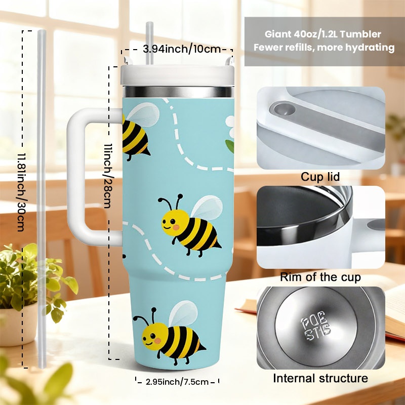 遊び心のある漫画のミツバチと白い花柄の40オンスステンレス製 - Sublimation Mug White のレビューと価格